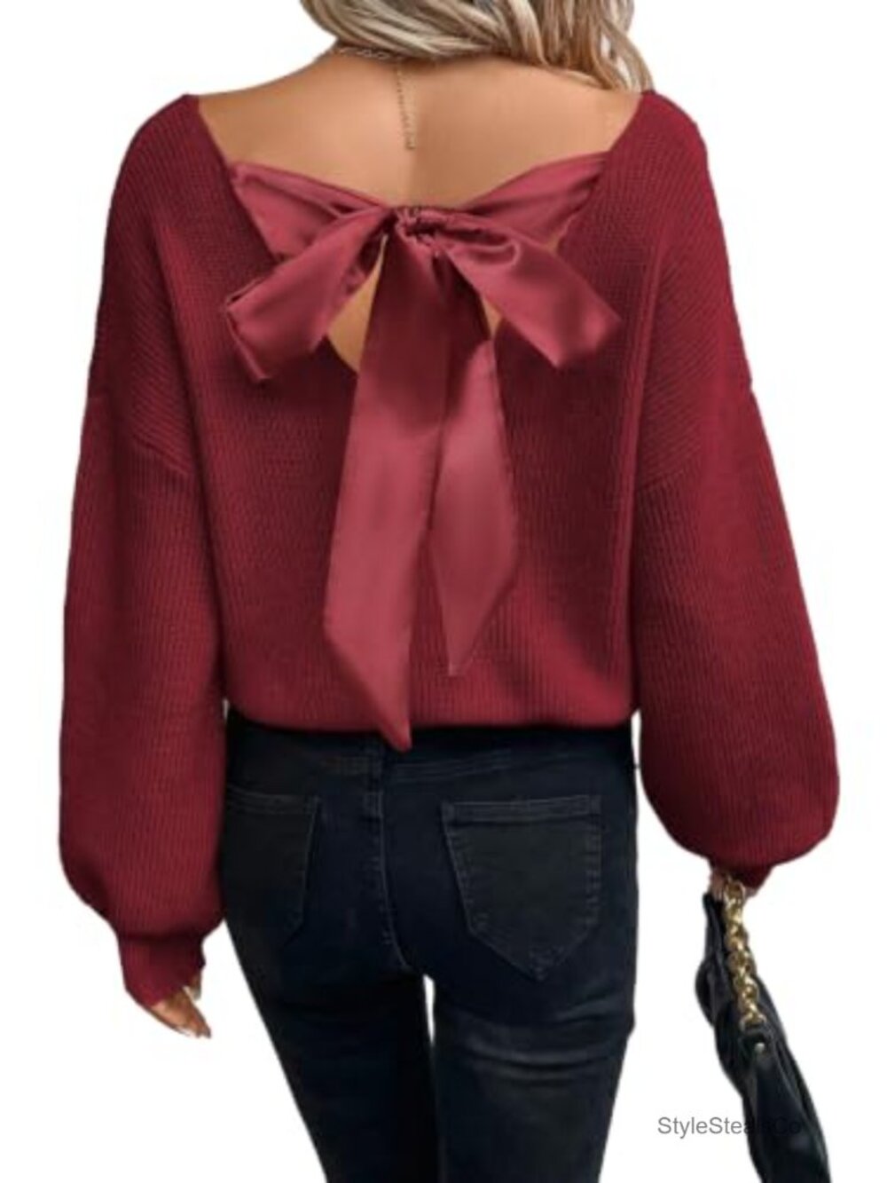 Off the Shoulder V Neck Pullover Sweater Tie Back Satin Bow Knit Top